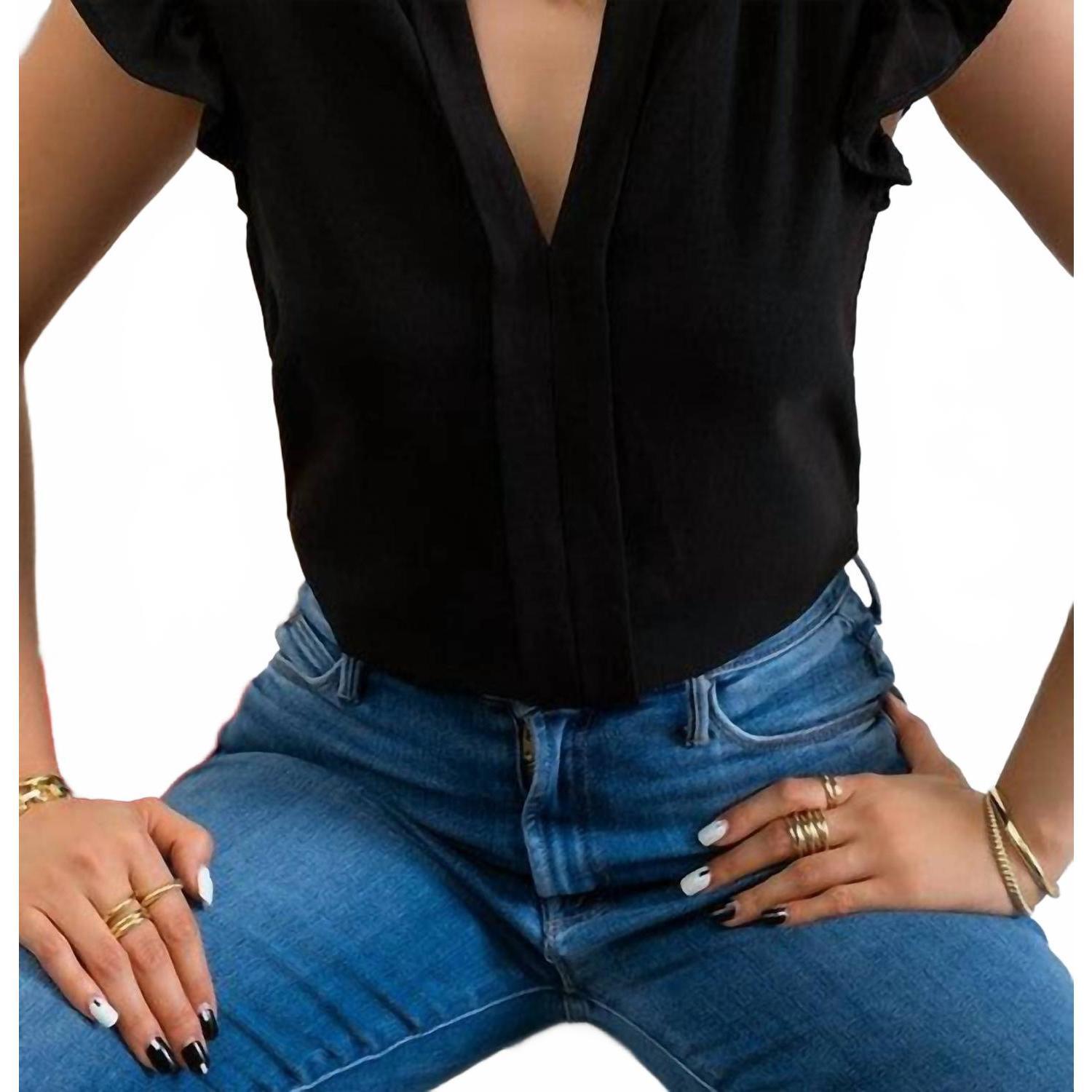 New Mine And E&M Split Neck Ruffle Sleeve Blouse In Black
